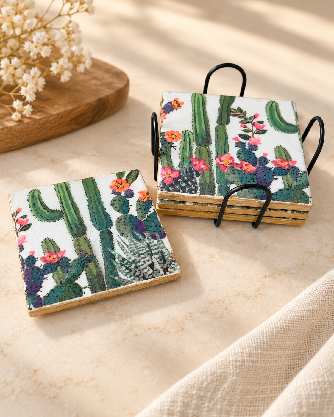 Desert Bloom Cactus Coaster Set with Holder