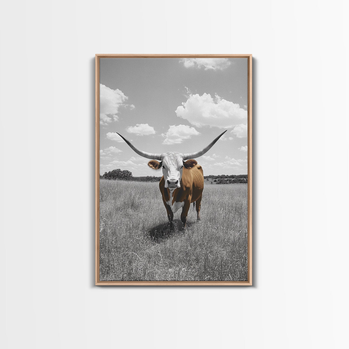 Longhorn Steer, Texas Plains, Rustic Bull, Western Framed Canvas Print, Farmhouse Wall Art, Country Ranch Decor, Fall Color Accent