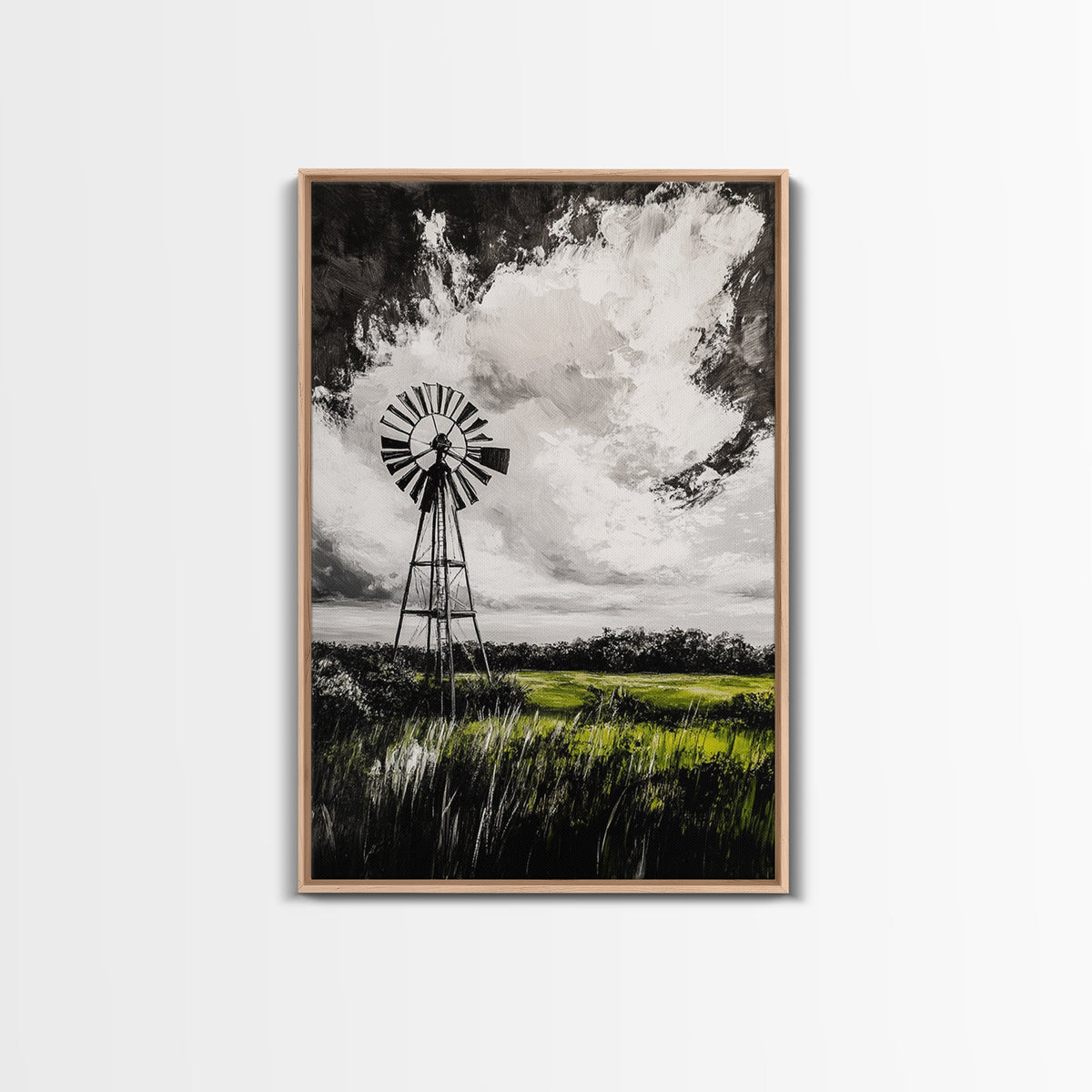 Black & White Windmill, windmill wall art, rustic decor, farmhouse art, landscape painting, framed canvas print, above bed wall art