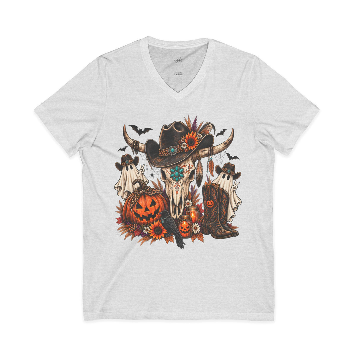 Halloween Cow Skull V-Neck Tee ~ Wildflowers & Moonshine ~ Western Pumpkin & Ghosts Graphic
