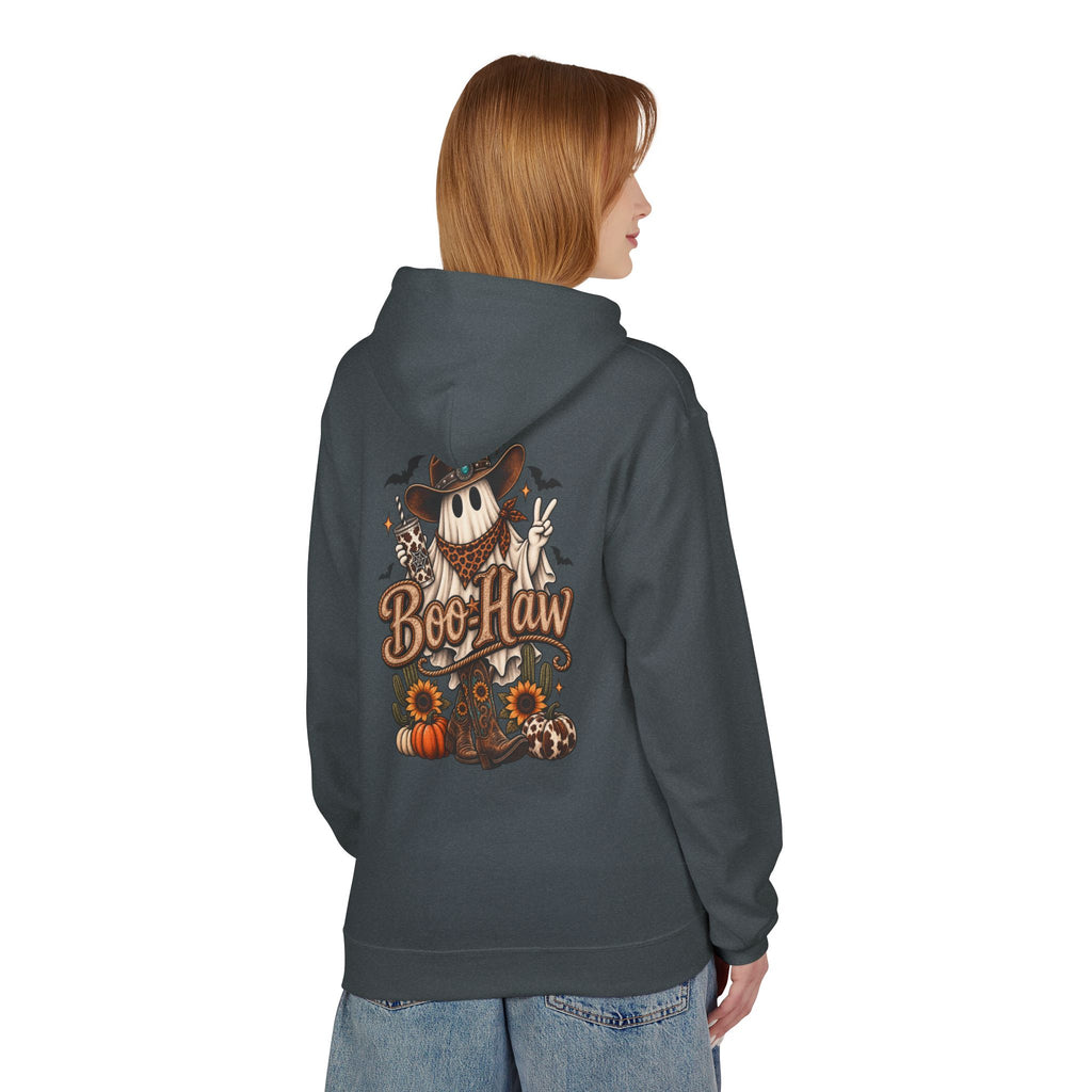 Boo-Haw Halloween Hoodie ~ Wildflowers & Moonshine — Cowgirl Scarecrow Pumpkin Fall Pullover
