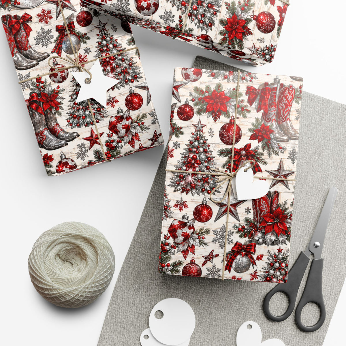 Red & Silver Cowboy Boots & Trees Christmas Wrapping Paper - Wildflowers & Moonshine Exclusive