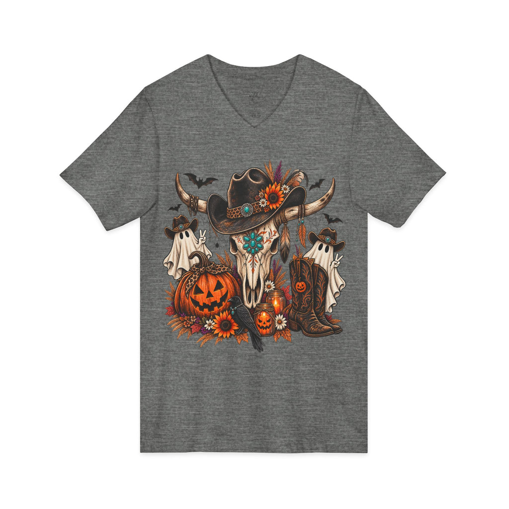 Halloween Cow Skull V-Neck Tee ~ Wildflowers & Moonshine ~ Western Pumpkin & Ghosts Graphic