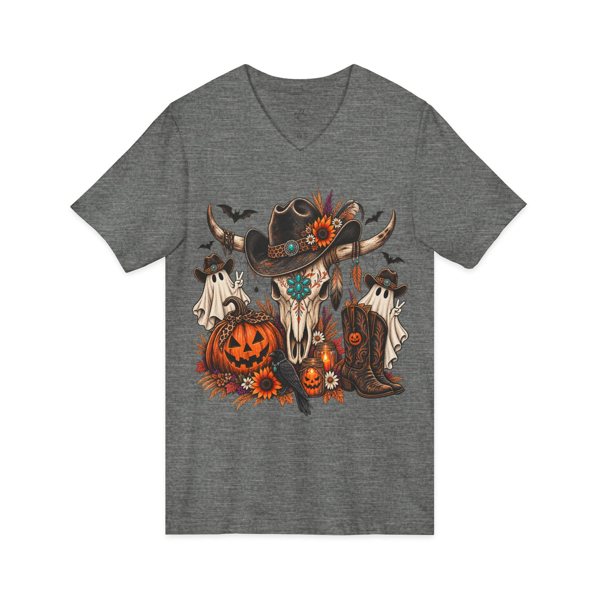 Halloween Cow Skull V-Neck Tee ~ Wildflowers & Moonshine ~ Western Pumpkin & Ghosts Graphic