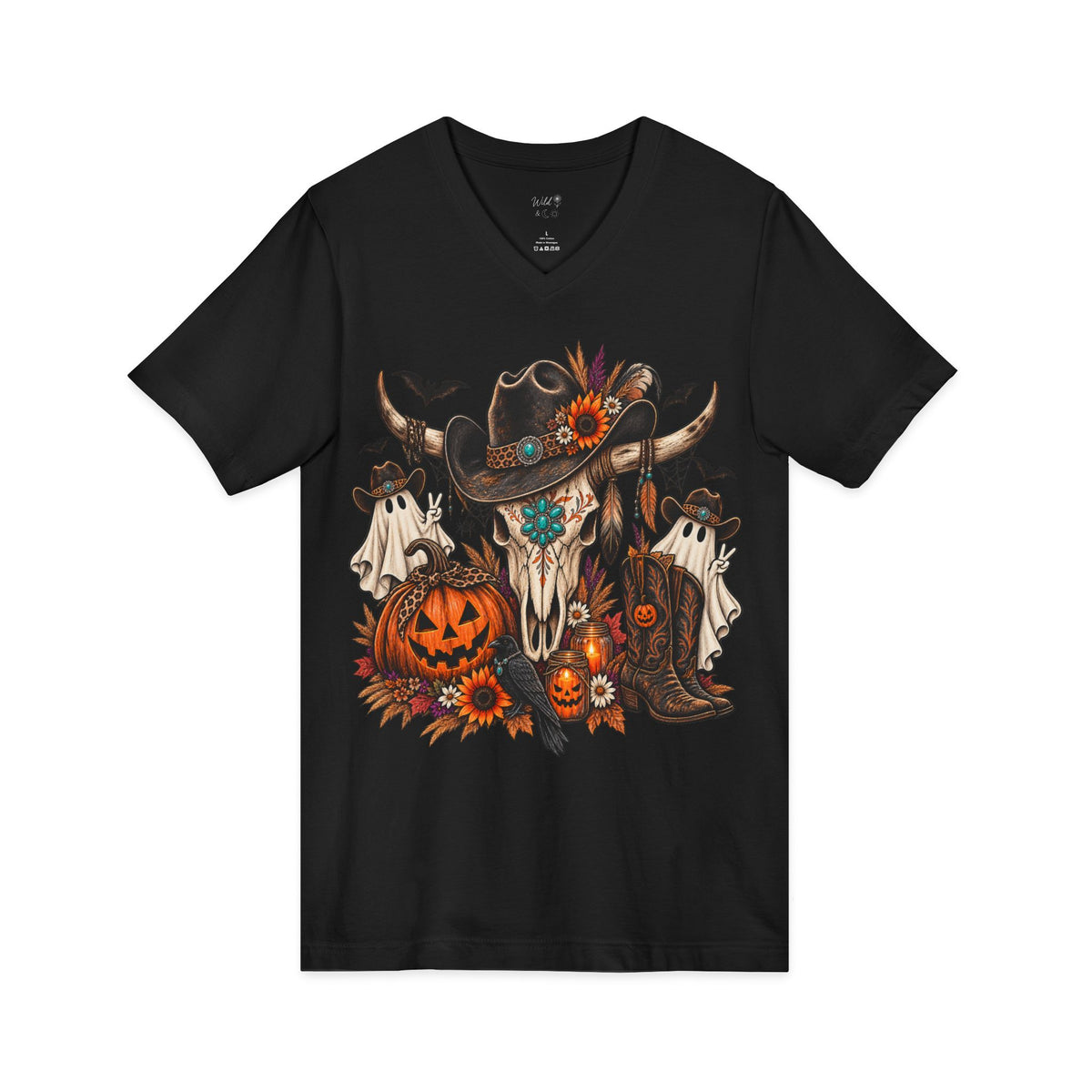 Halloween Cow Skull V-Neck Tee ~ Wildflowers & Moonshine ~ Western Pumpkin & Ghosts Graphic