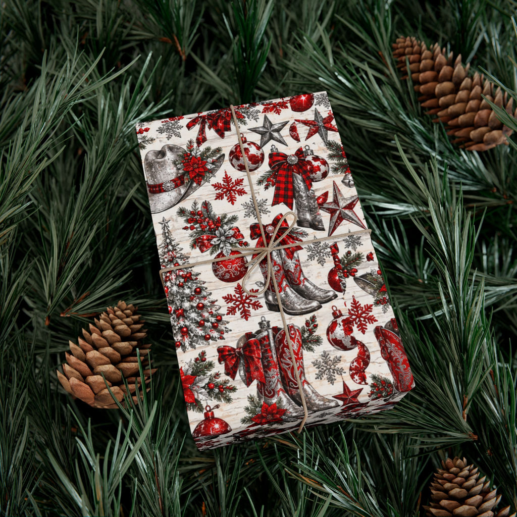 Red & Silver Cowboy Boots & Trees Christmas Wrapping Paper - Wildflowers & Moonshine Exclusive