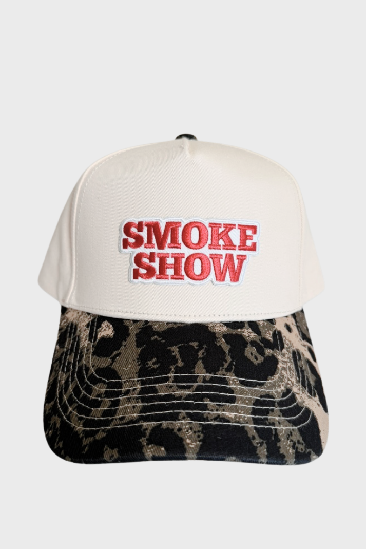 Smoke Show- Embroidered Patch on Animal Print Camo Structured Cap