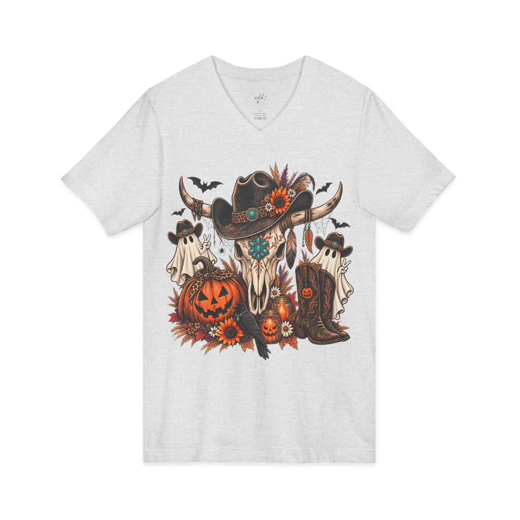 Halloween Cow Skull V-Neck Tee ~ Wildflowers & Moonshine ~ Western Pumpkin & Ghosts Graphic