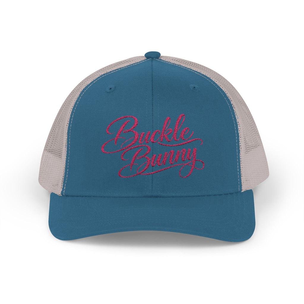 Buckle Bunny Trucker Cap — Retro Script Rhinestone Style Snapback