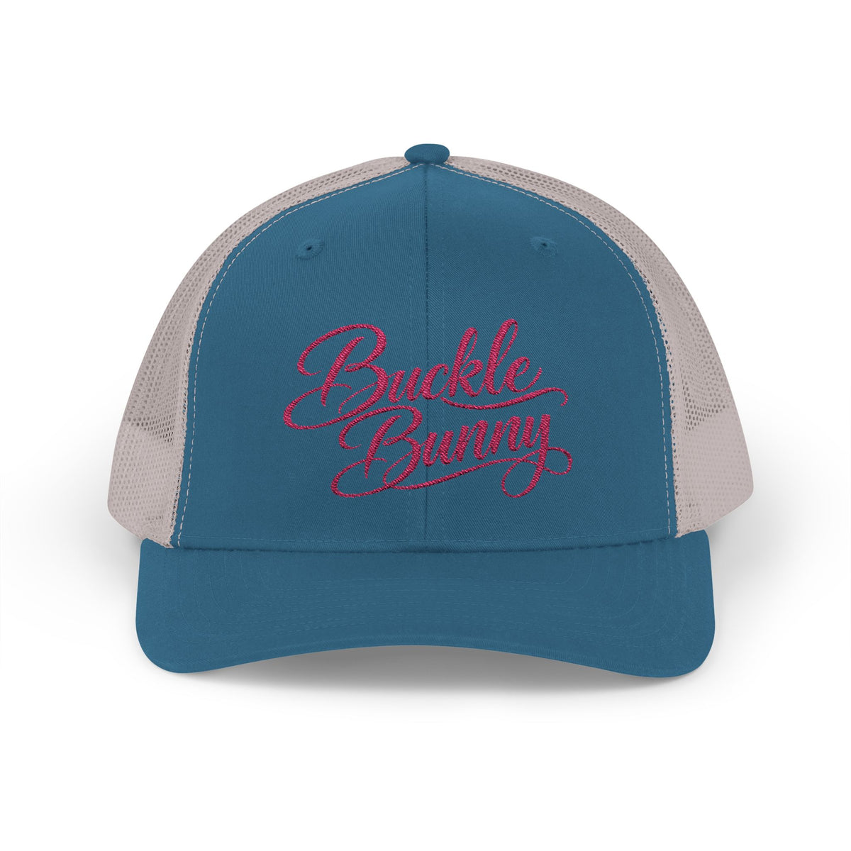 Buckle Bunny Trucker Cap — Retro Script Rhinestone Style Snapback