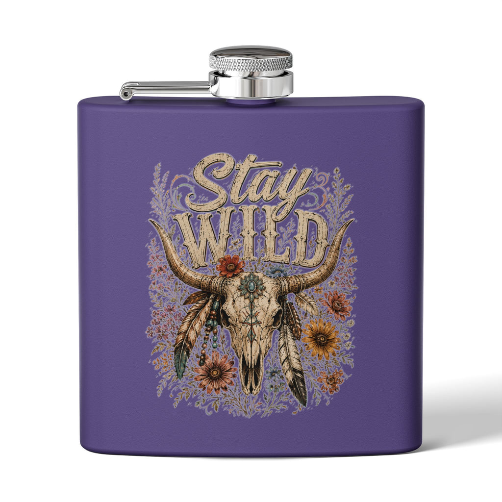 Stay Wild Boho Skull & Flowers Stainless Steel Flask – 6oz Hip Flask - Wildflowers & Moonshine Exclusive!