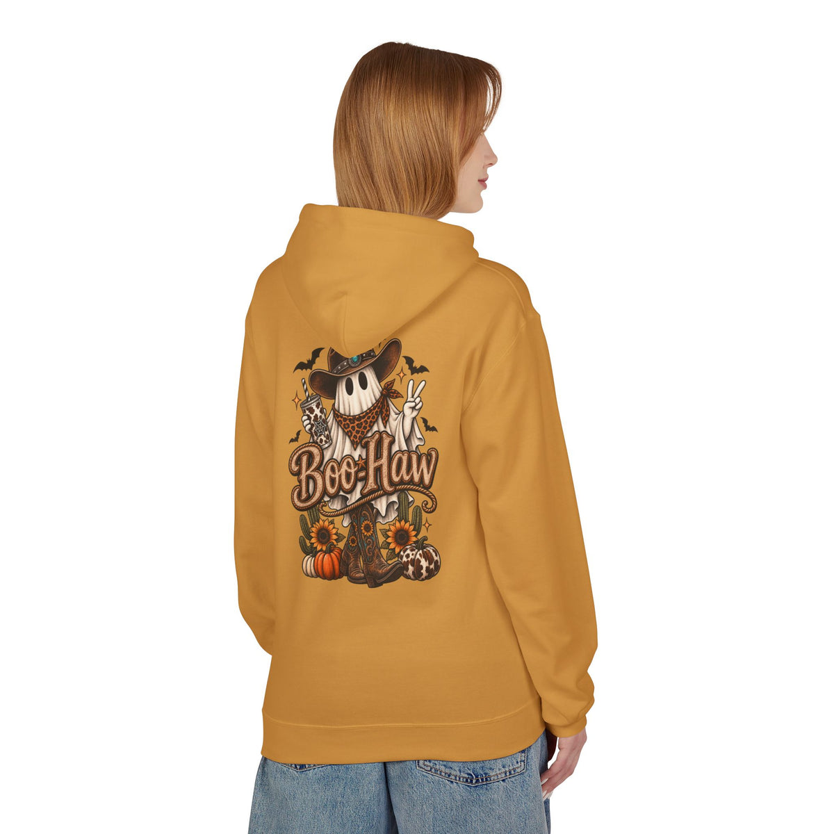 Boo-Haw Halloween Hoodie ~ Wildflowers & Moonshine — Cowgirl Scarecrow Pumpkin Fall Pullover