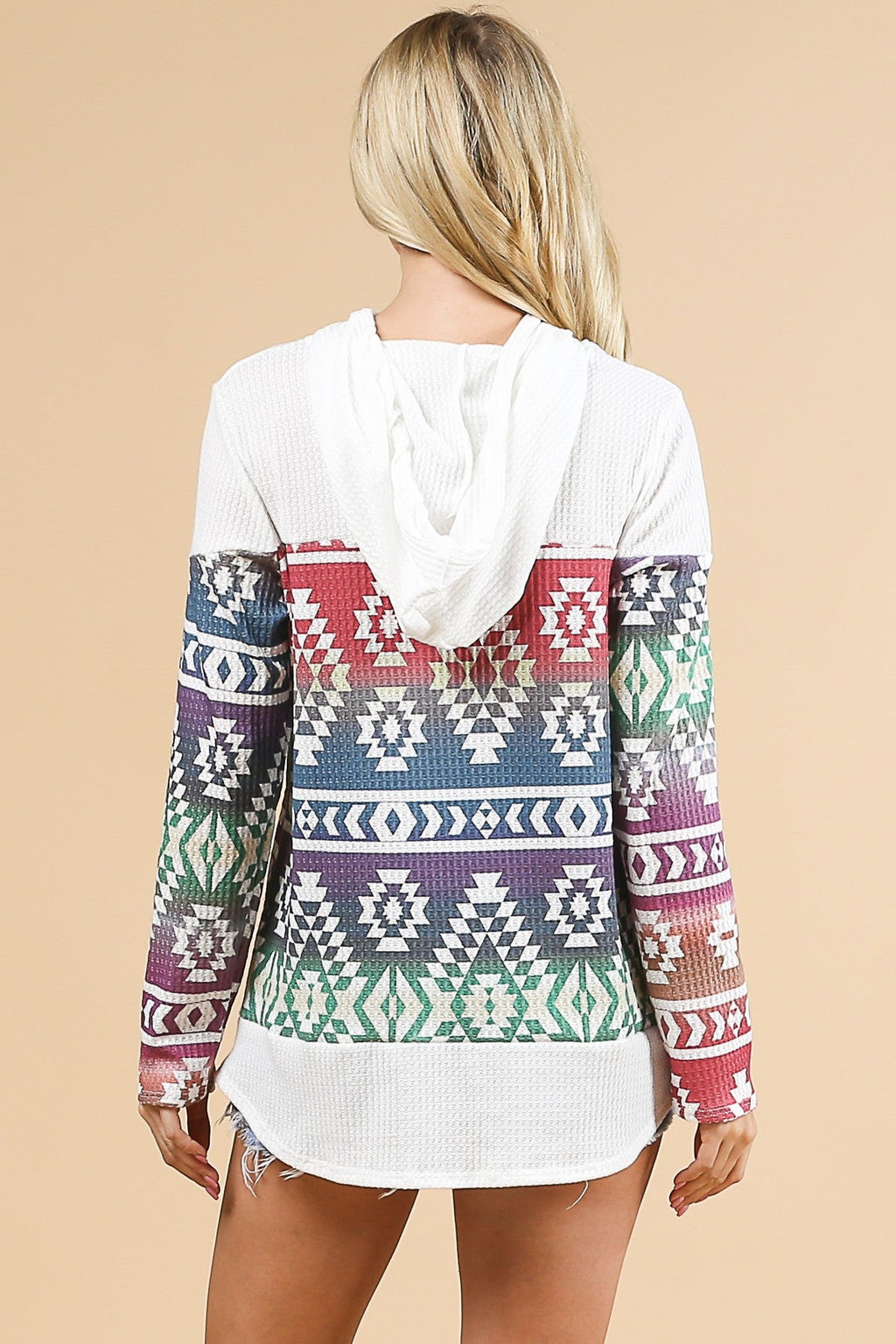 Chama Valley Aztec Print Waffle Knit Lightweight Hoodie