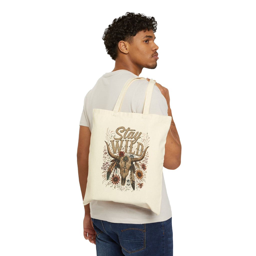 Stay Wild Boho Cow Skull Canvas Grocery & Market Tote Bag - Wildflowers & Moonshine Exclusive!