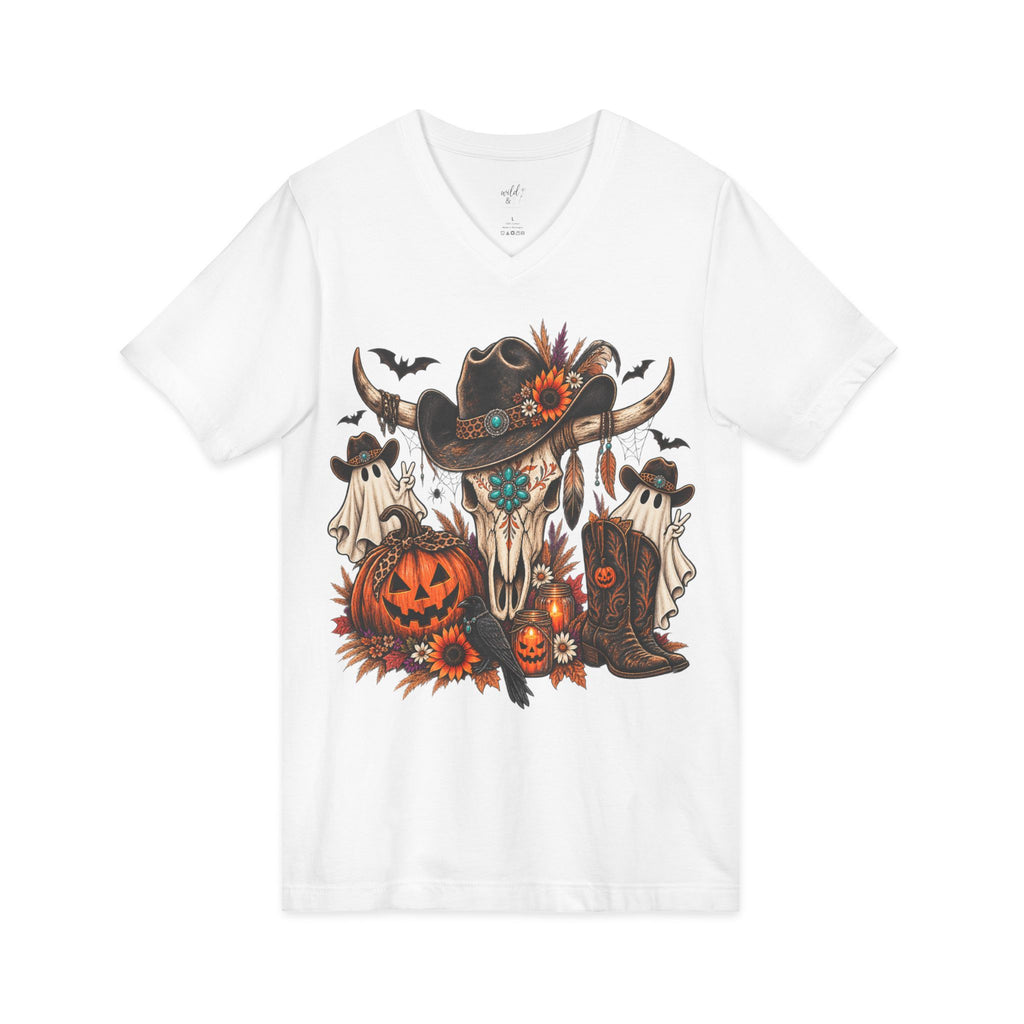 Halloween Cow Skull V-Neck Tee ~ Wildflowers & Moonshine ~ Western Pumpkin & Ghosts Graphic