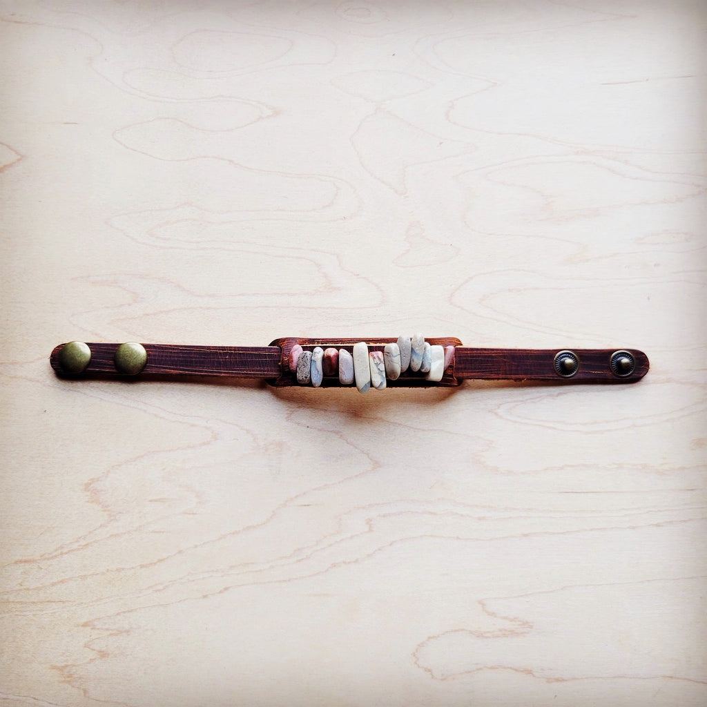 Leather Narrow Cuff with Aqua Terra Stones 005f