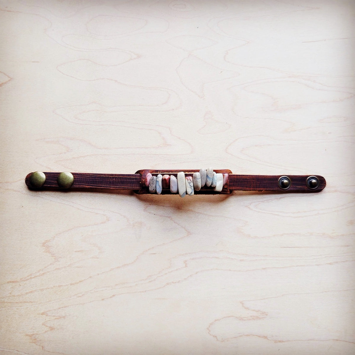 Leather Narrow Cuff with Aqua Terra Stones 005f
