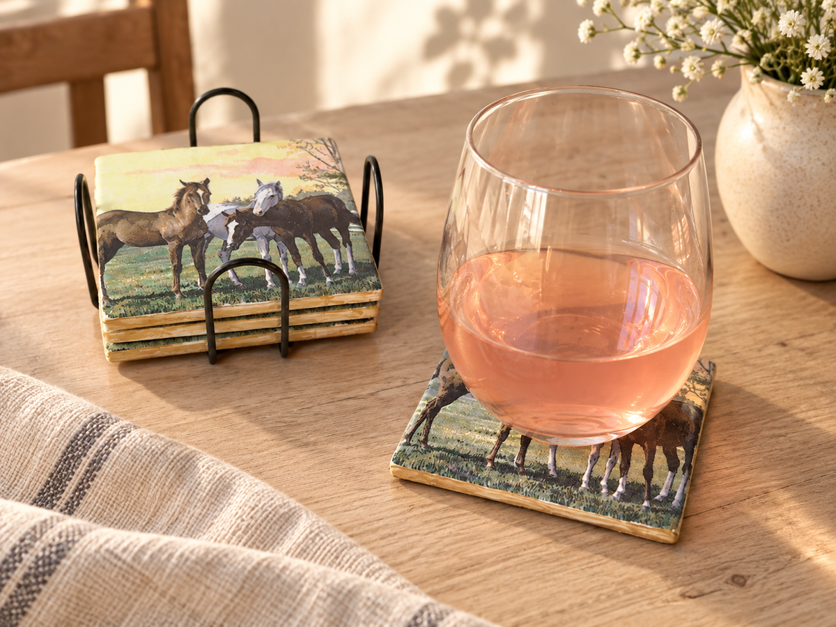 Western Horse Tile Coaster Set with Metal Holder