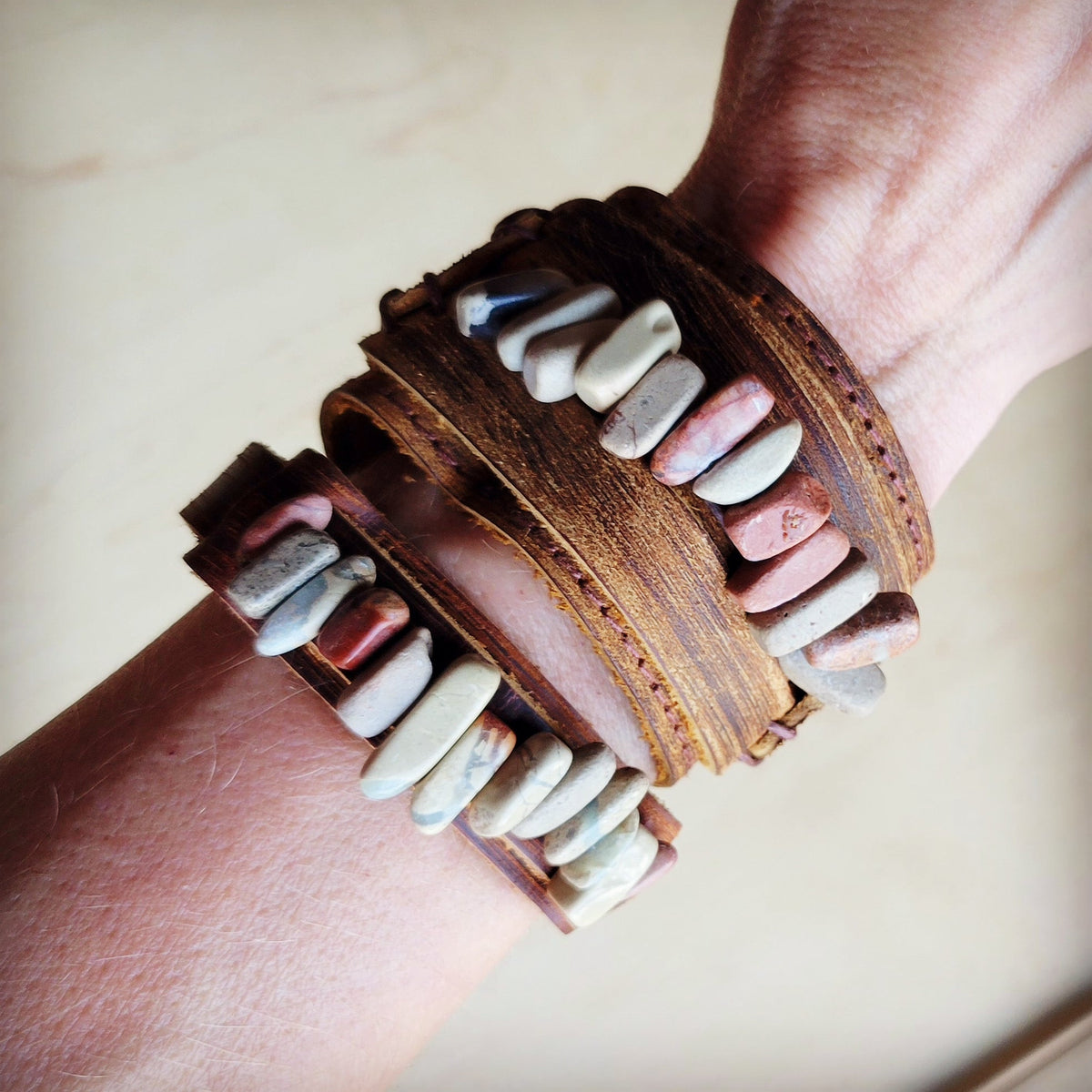 Leather Narrow Cuff with Aqua Terra Stones 005f