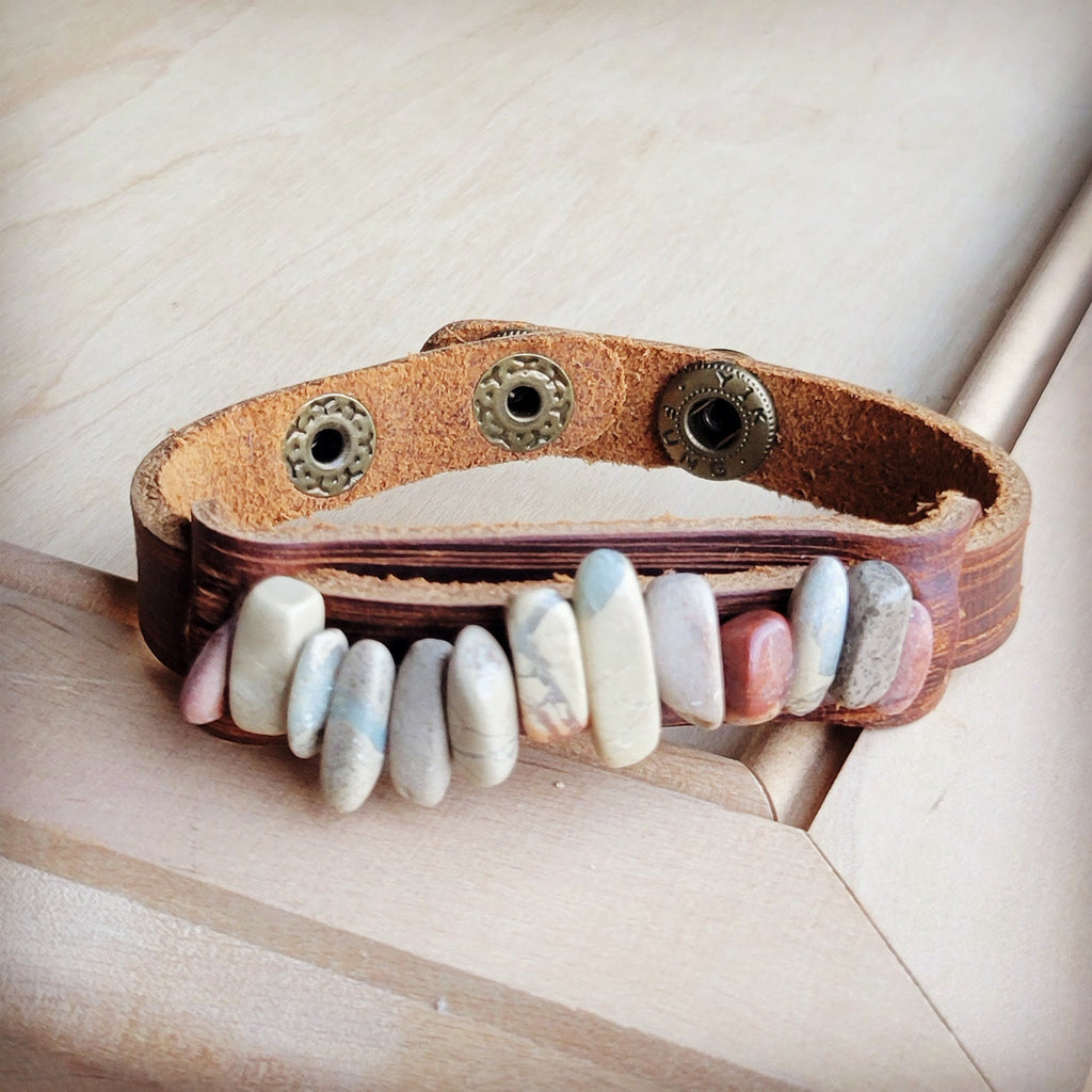 Leather Narrow Cuff with Aqua Terra Stones 005f