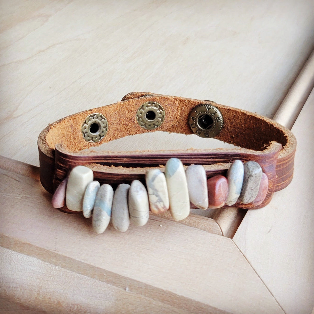 Leather Narrow Cuff with Aqua Terra Stones 005f