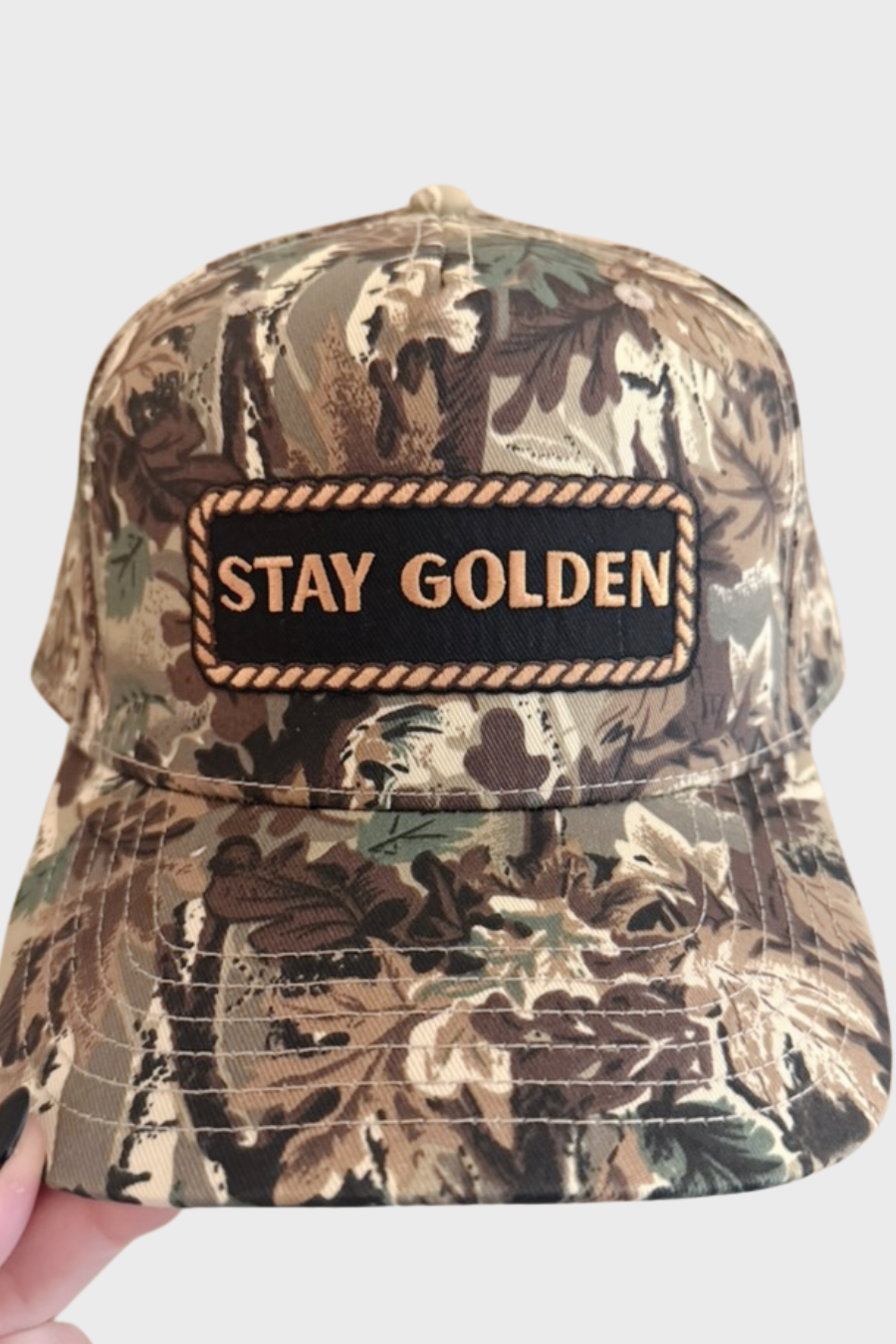 Stay Golden -  Embroidered Patch on Camo Structured Cap