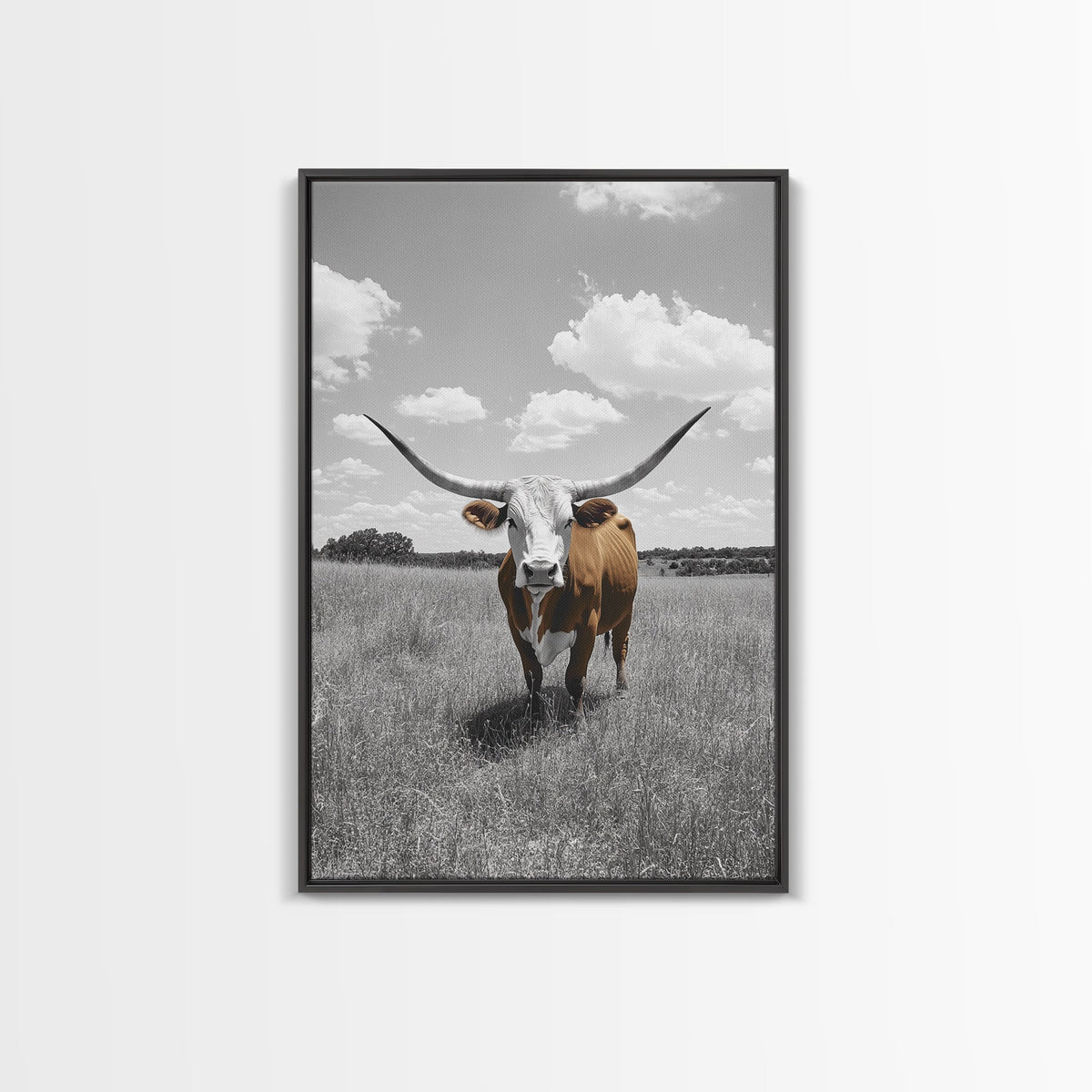 Longhorn Steer, Texas Plains, Rustic Bull, Western Framed Canvas Print, Farmhouse Wall Art, Country Ranch Decor, Fall Color Accent