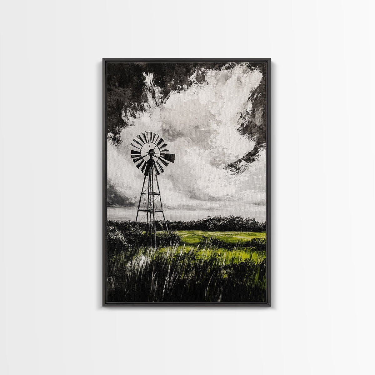 Black & White Windmill, windmill wall art, rustic decor, farmhouse art, landscape painting, framed canvas print, above bed wall art