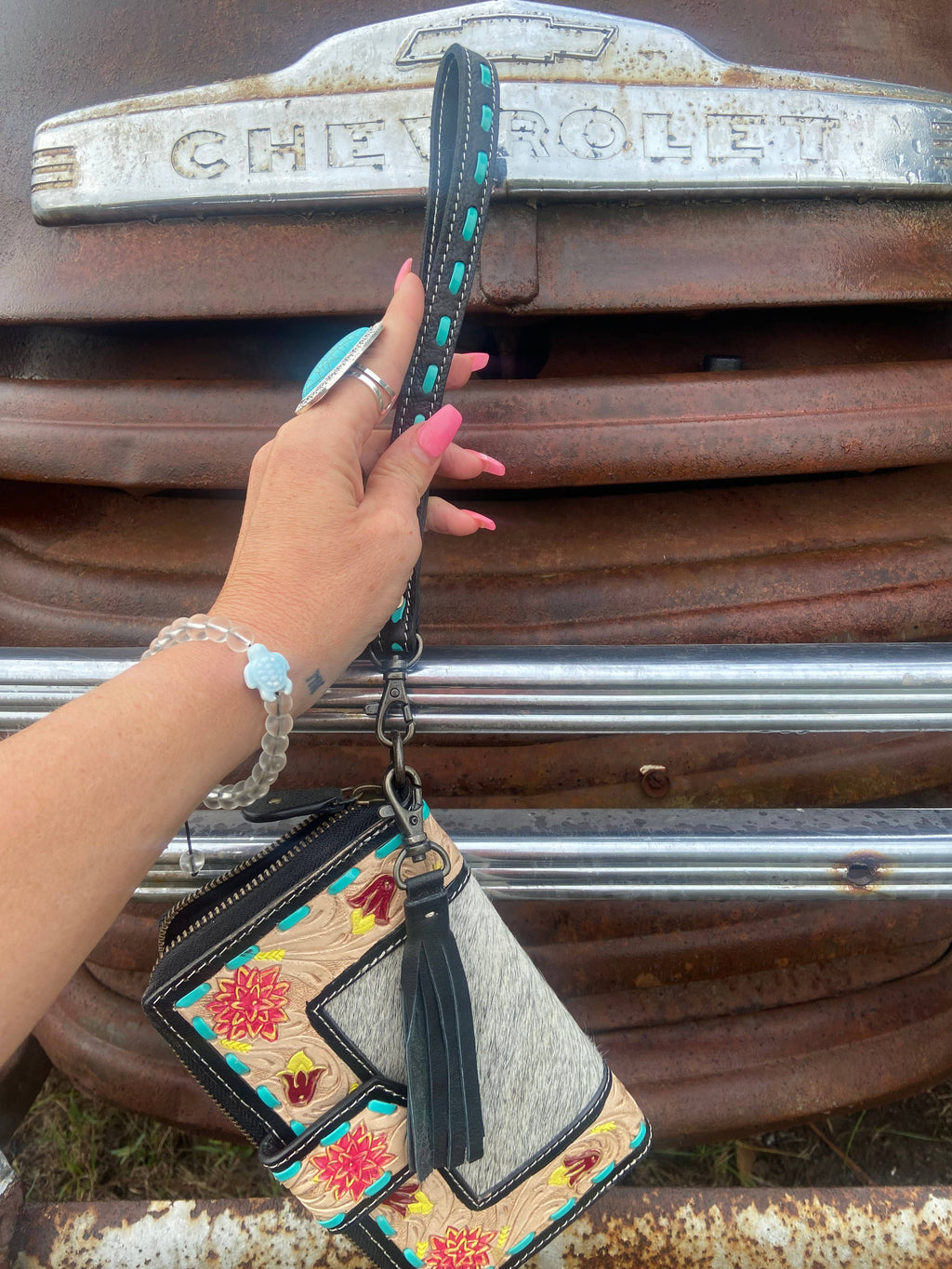 Tooled Leather Cowhide Wristlet Wallet