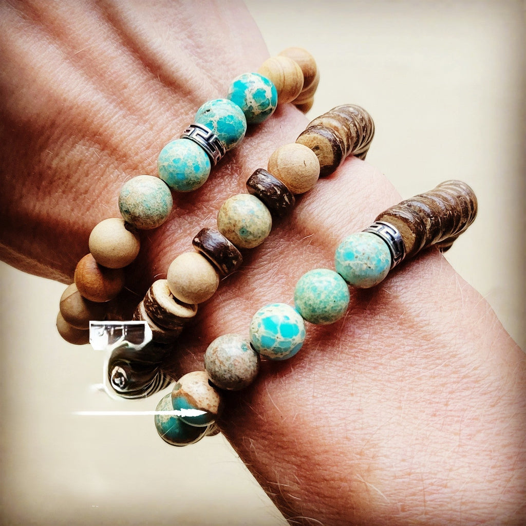 Wood & Imperial Jasper Stretch Bracelet Trio 808a