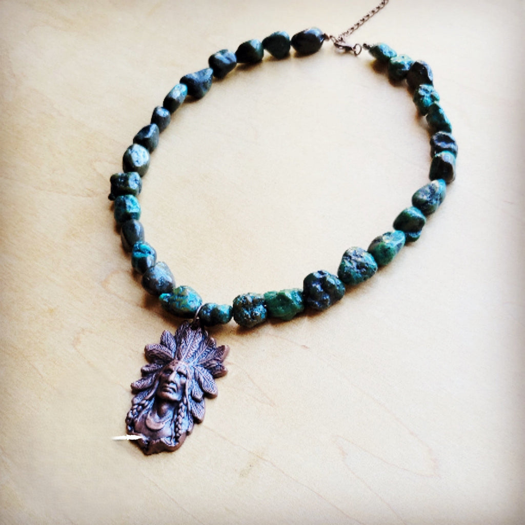 Collar Necklace with Natural Turquoise w/ Indian Head Pendant 259n