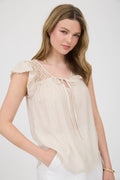 Stripe Lace Yoke Front Tie Short Sleeve Top