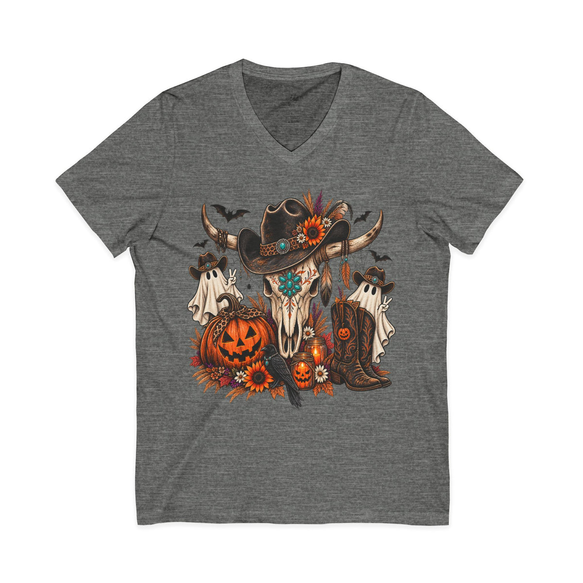 Halloween Cow Skull V-Neck Tee ~ Wildflowers & Moonshine ~ Western Pumpkin & Ghosts Graphic