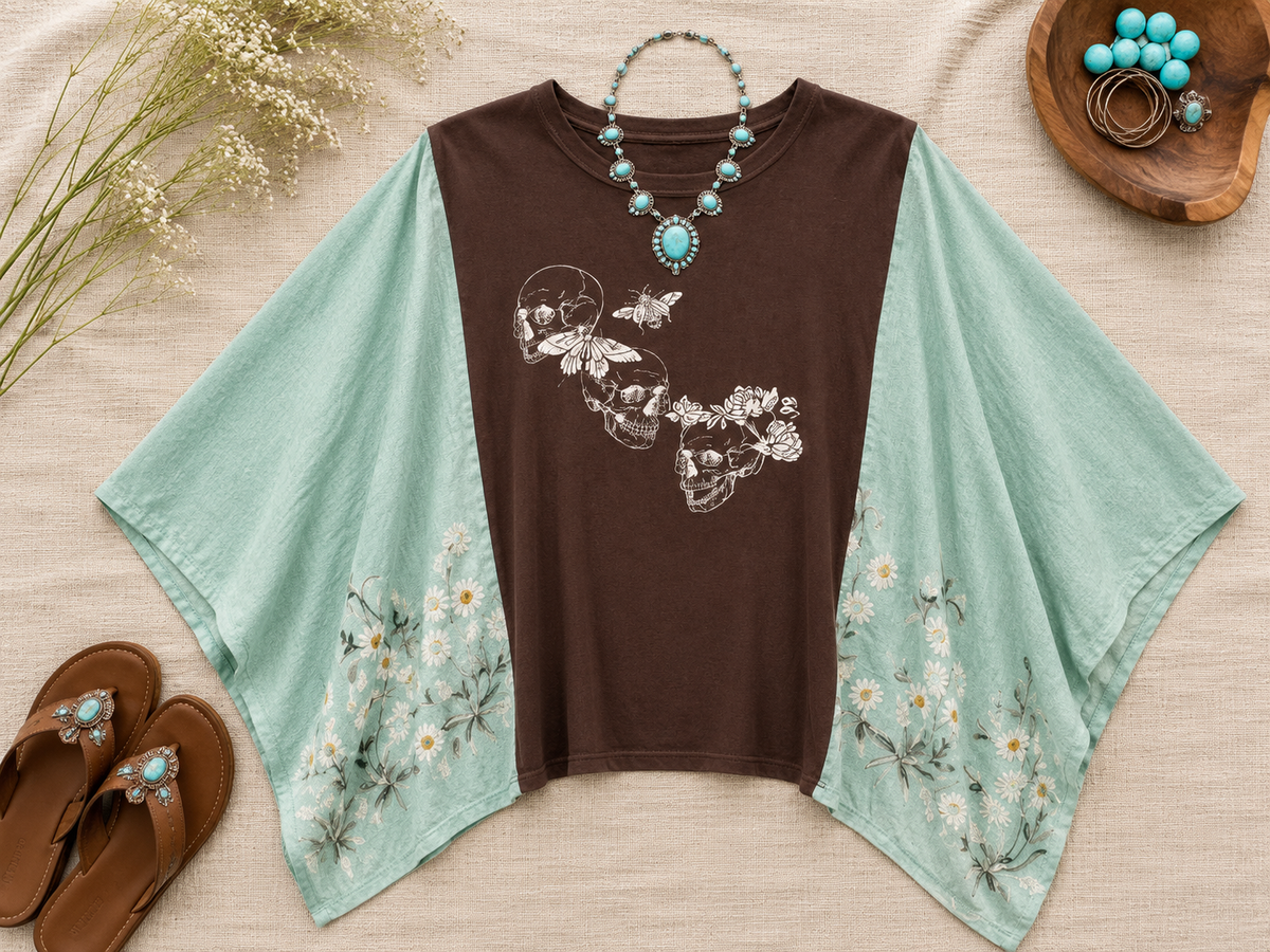 Floral Skull Handmade Boho Poncho ~ One Size