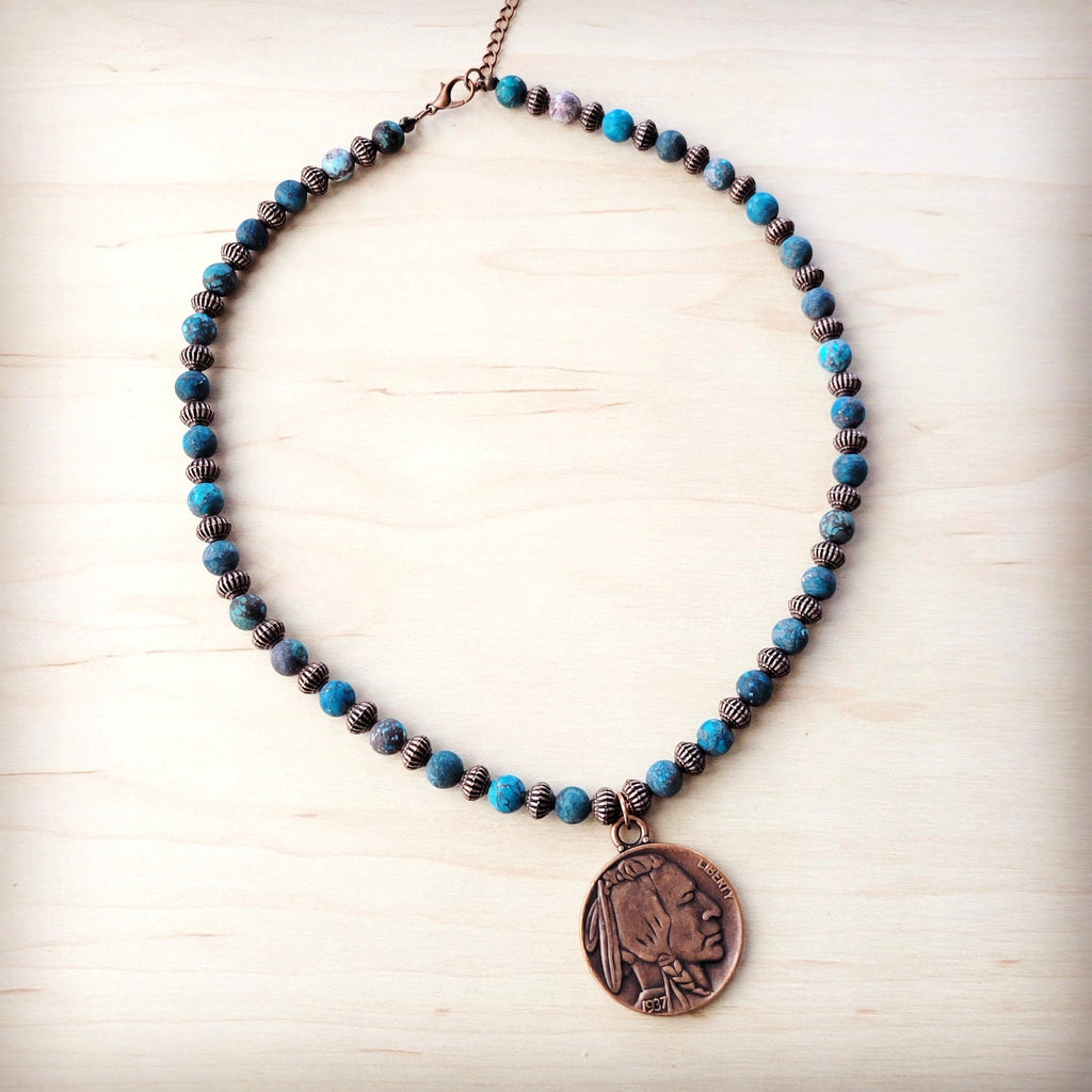 American Natural Turquoise Beaded Collar Necklace w/ Indian Head Pendant 262h