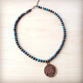 American Natural Turquoise Beaded Collar Necklace w/ Indian Head Pendant 262h