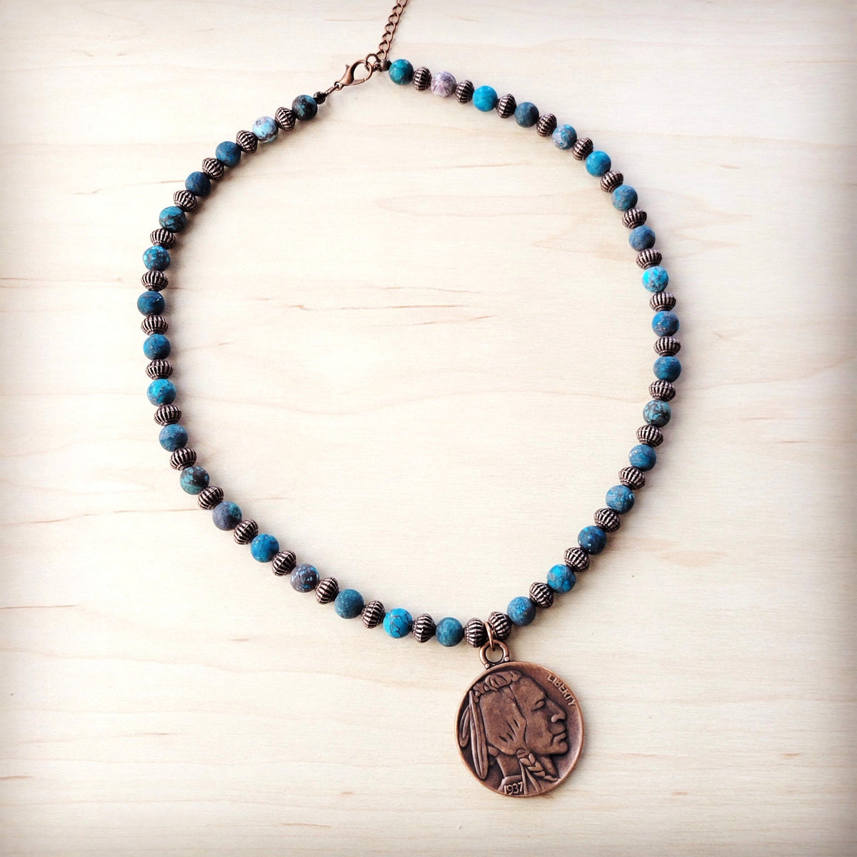 American Natural Turquoise Beaded Collar Necklace w/ Indian Head Pendant 262h
