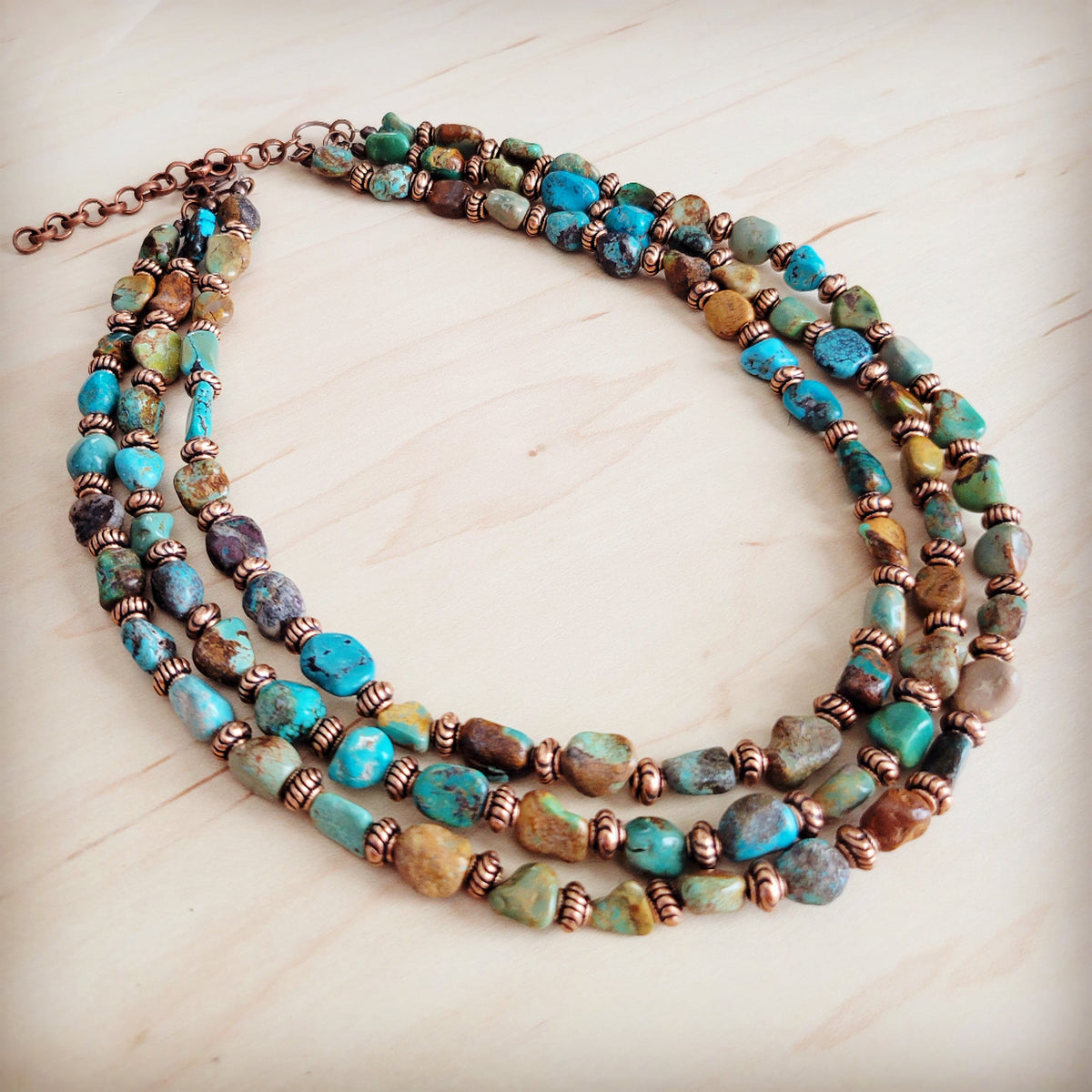 HuBei Genuine Turquoise & Copper Triple Strand Necklace 259t