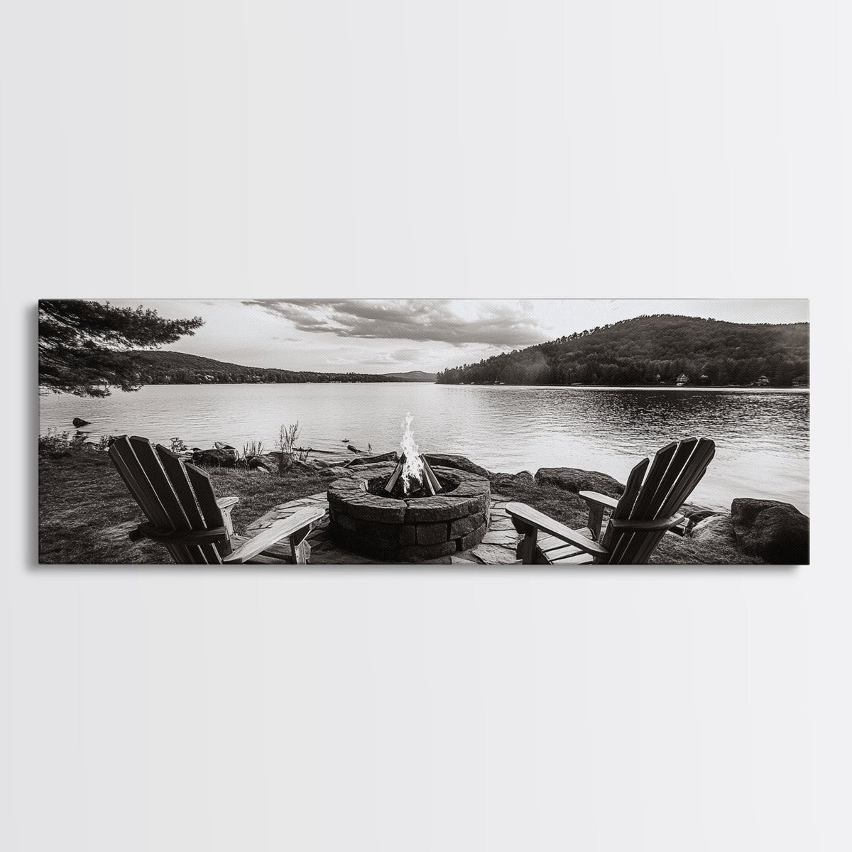 Lakeside Fire Pit, Adirondack Chairs, Mountain Retreat, Framed Canvas Print, Fall Cabin Wall Art, Rustic Living Room Decor, Cozy Mood