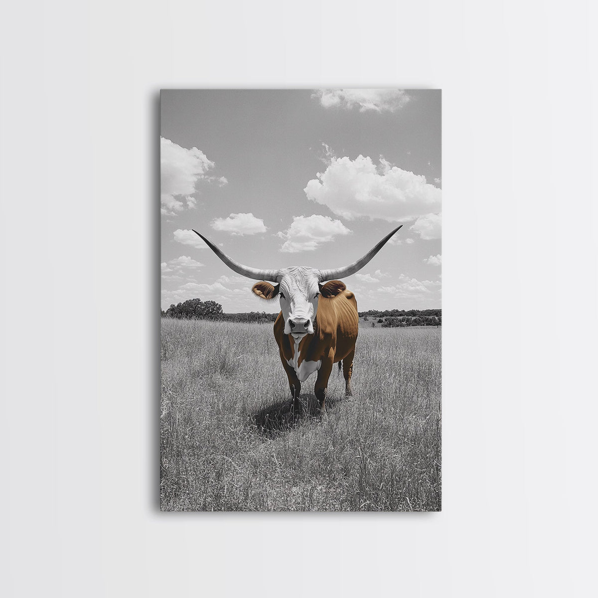 Longhorn Steer, Texas Plains, Rustic Bull, Western Framed Canvas Print, Farmhouse Wall Art, Country Ranch Decor, Fall Color Accent