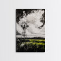 Black & White Windmill, windmill wall art, rustic decor, farmhouse art, landscape painting, framed canvas print, above bed wall art