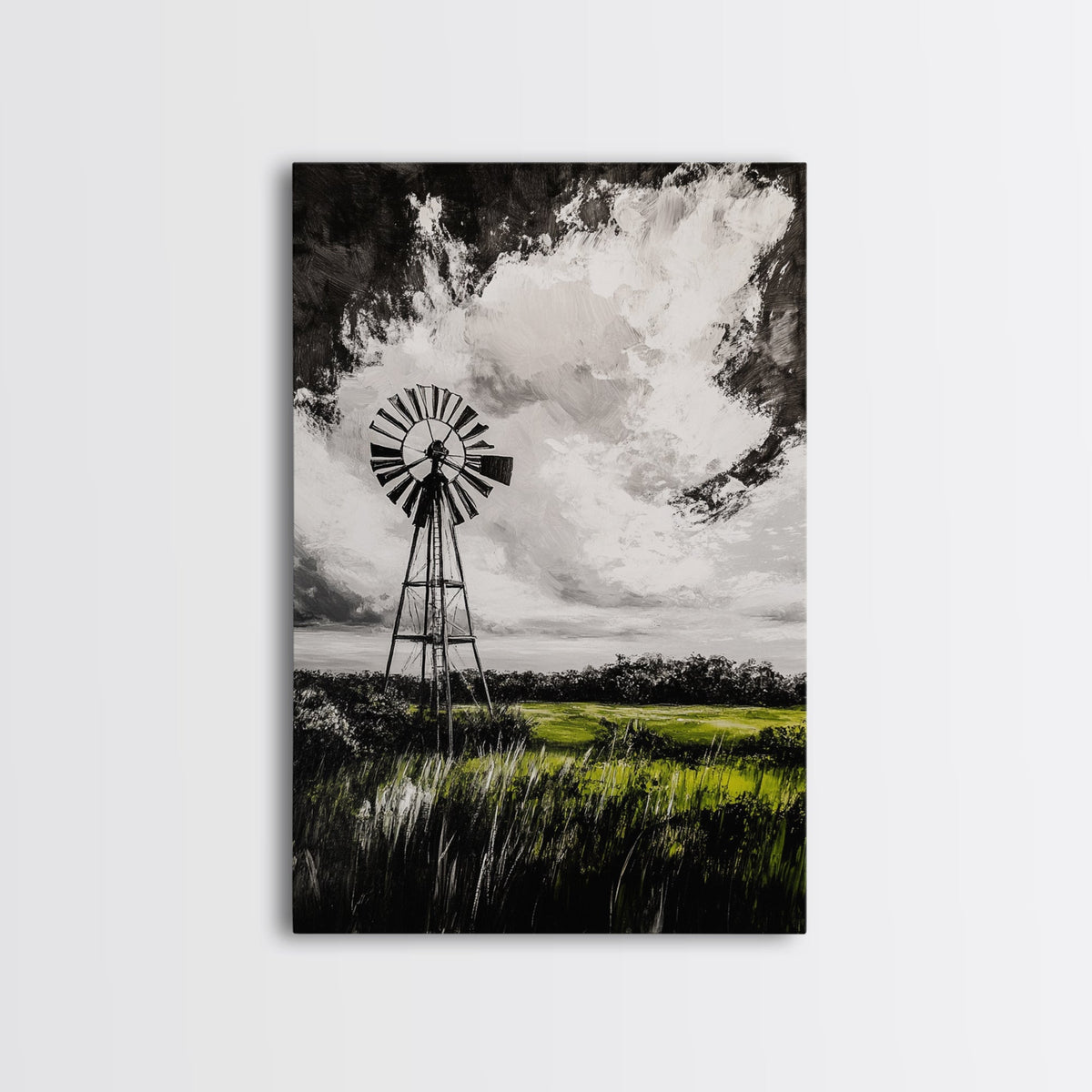 Black & White Windmill, windmill wall art, rustic decor, farmhouse art, landscape painting, framed canvas print, above bed wall art