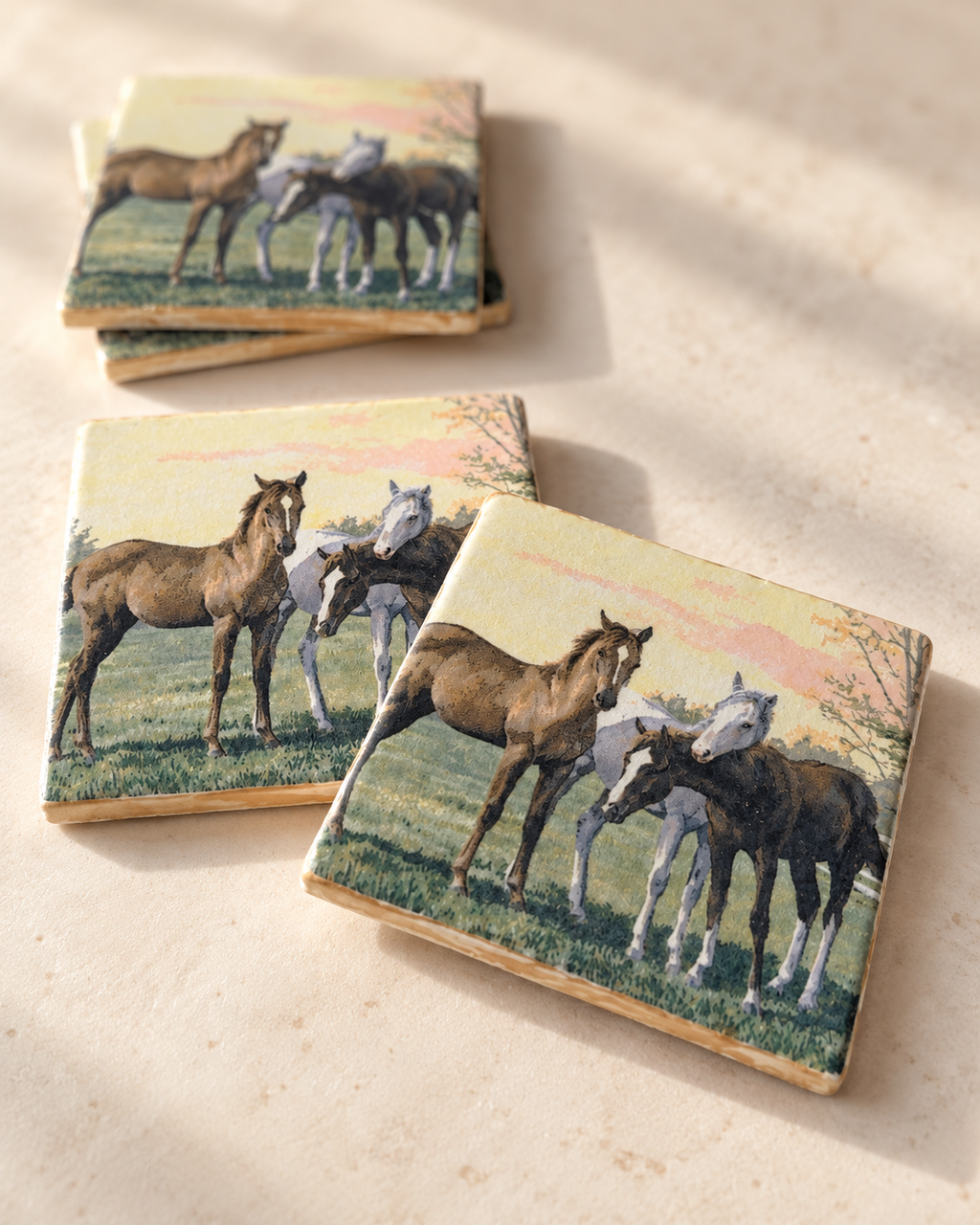 Western Horse Tile Coaster Set with Metal Holder