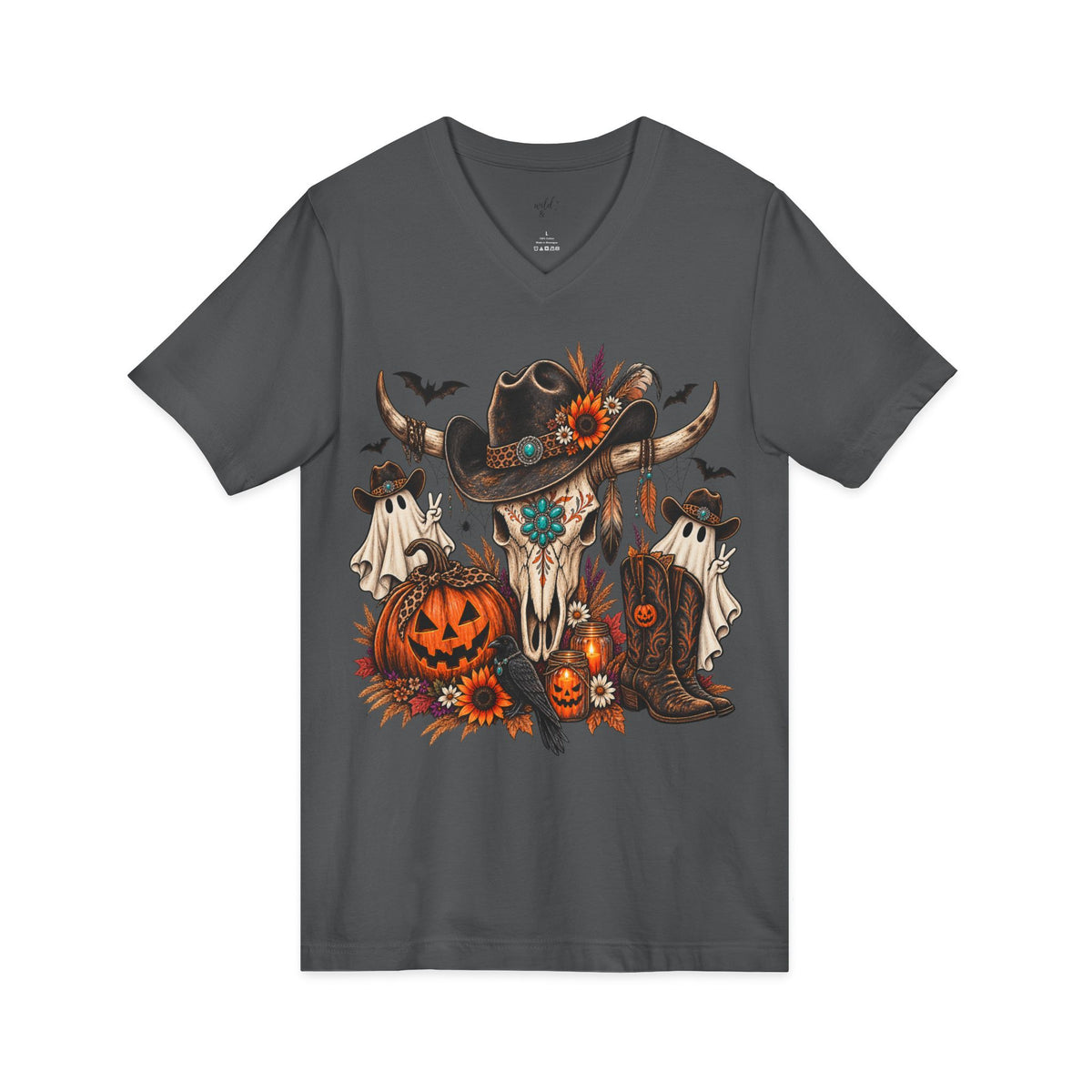 Halloween Cow Skull V-Neck Tee ~ Wildflowers & Moonshine ~ Western Pumpkin & Ghosts Graphic