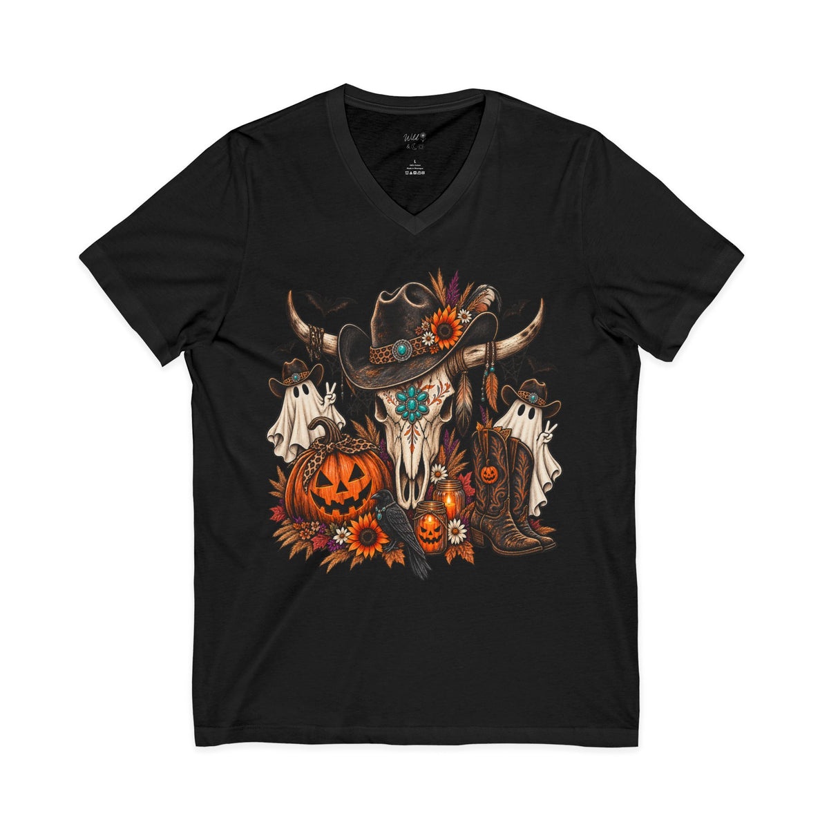 Halloween Cow Skull V-Neck Tee ~ Wildflowers & Moonshine ~ Western Pumpkin & Ghosts Graphic