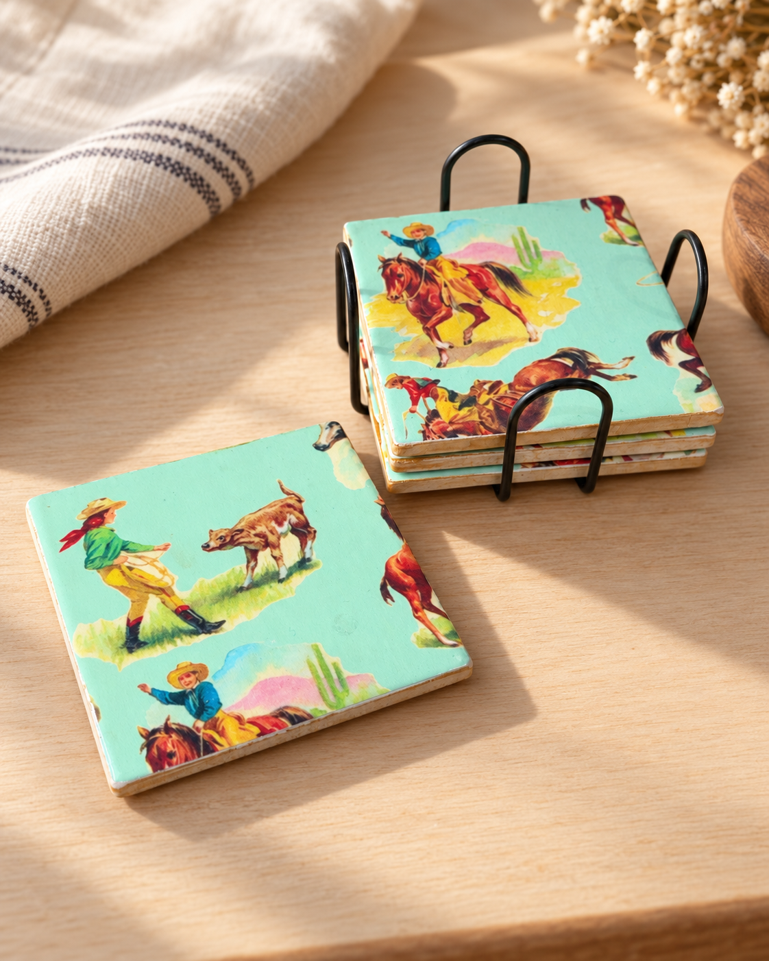 Retro Cowboy Coaster Set with Holder