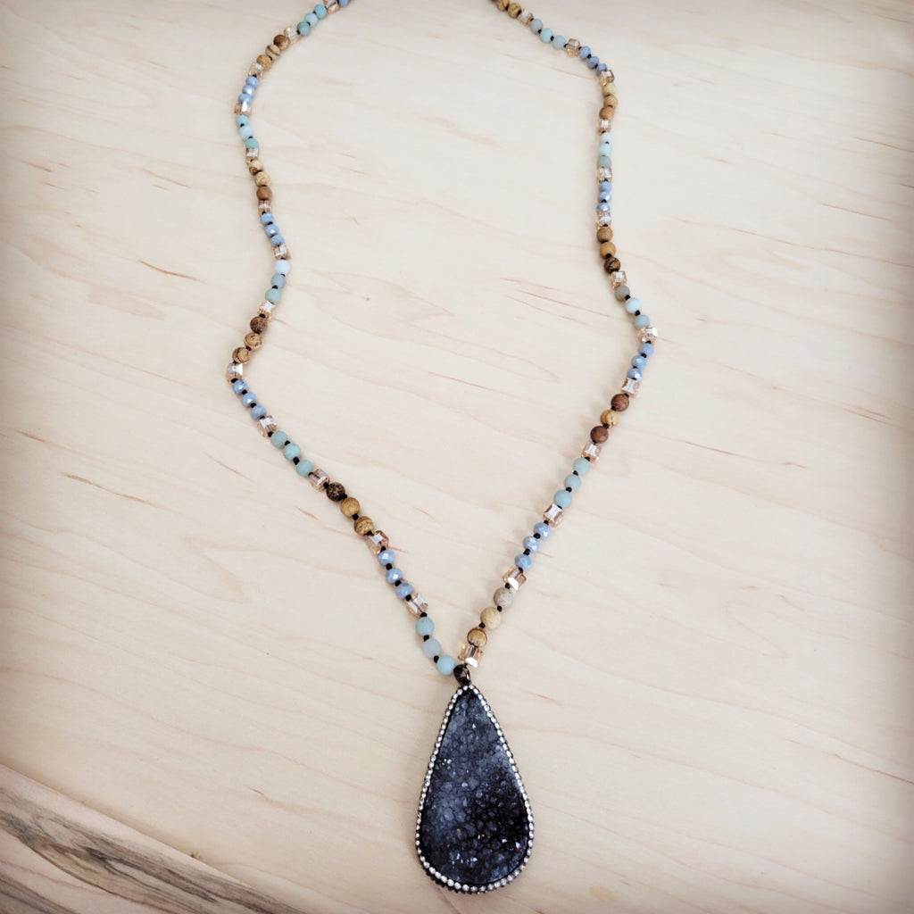 Crystal & Amazonite Long Beaded Necklace w/ Druzy Pendant 262u