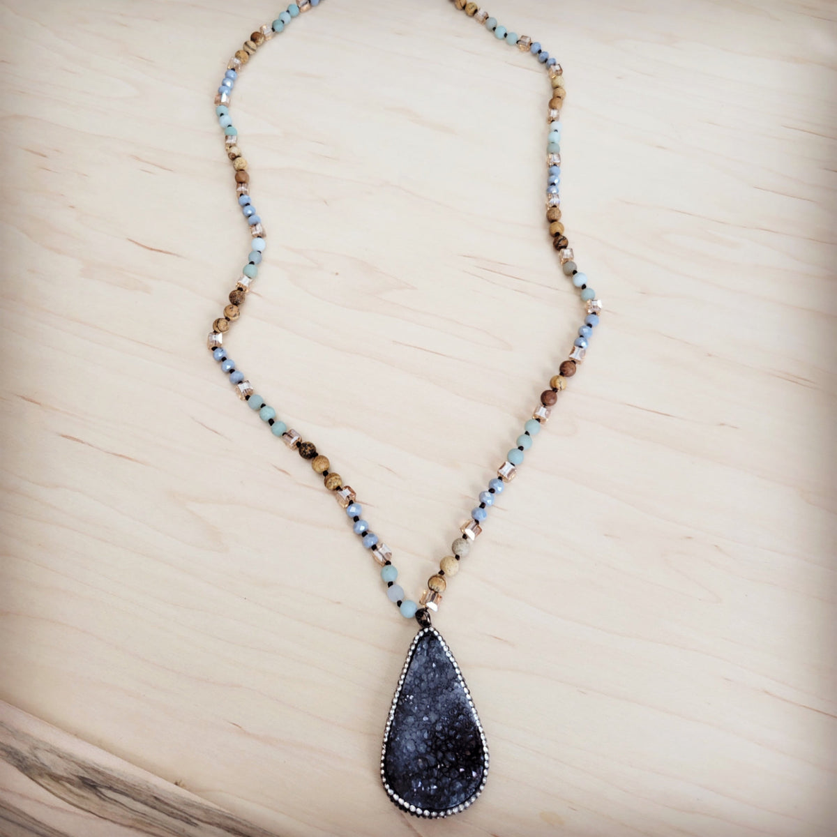 Crystal & Amazonite Long Beaded Necklace w/ Druzy Pendant 262u