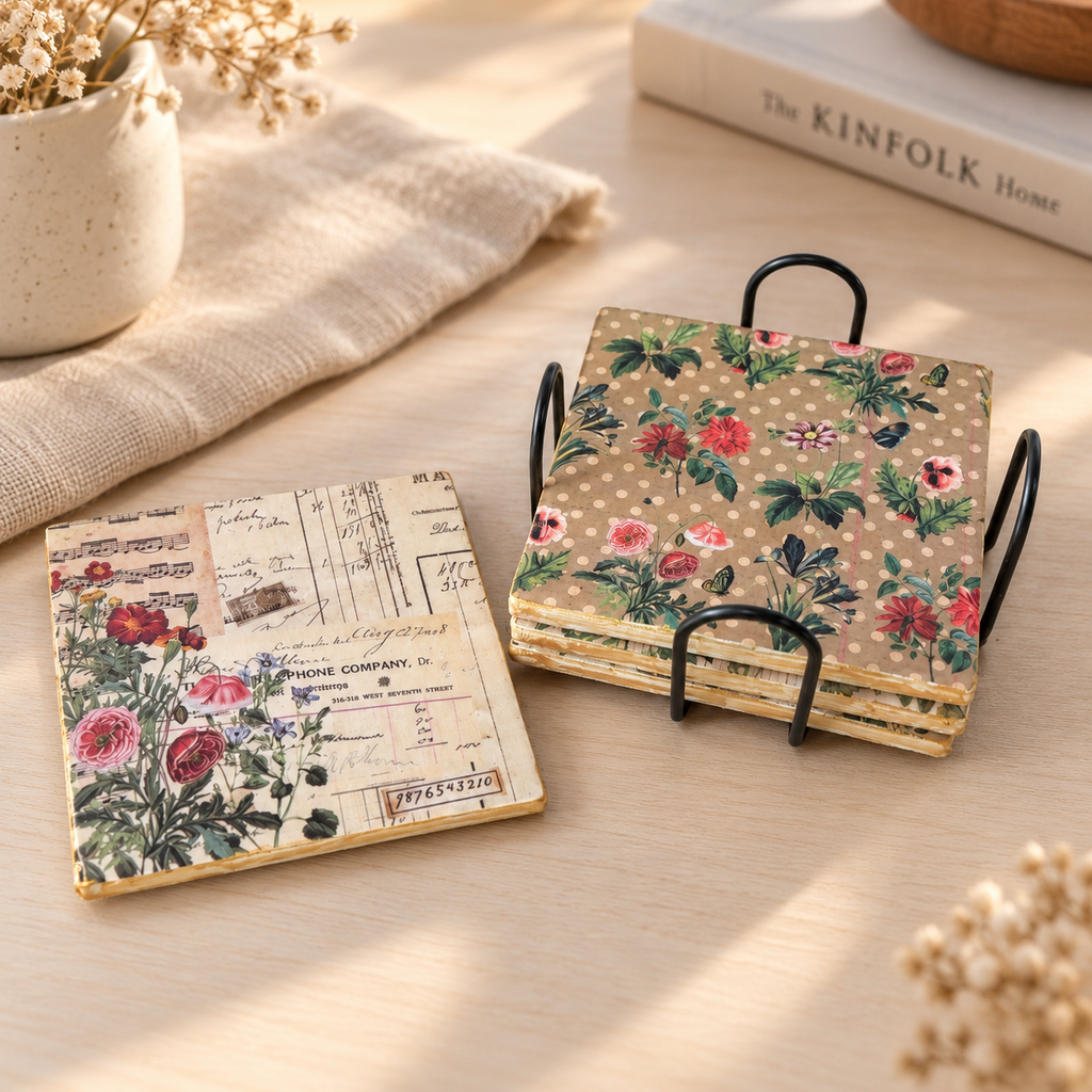 Vintage Botanical Floral Coaster Set with Holder