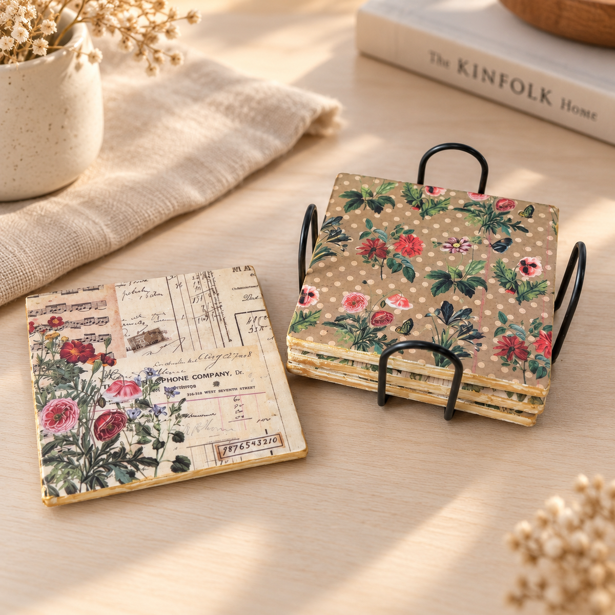 Vintage Botanical Floral Coaster Set with Holder